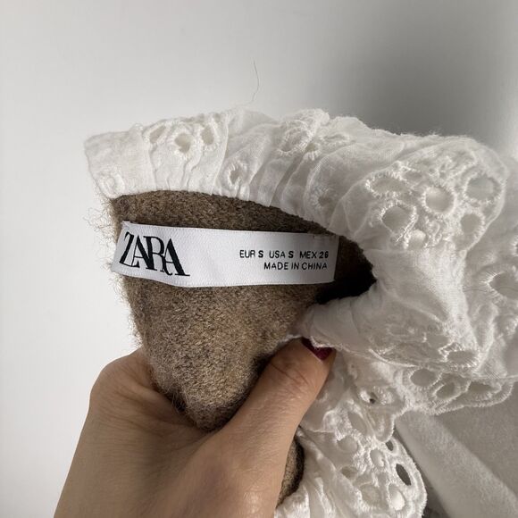 ZARA Lace Eyelet Bib Knitted Collar Brown-Camel Sweater – Small - Picture 10 of 11